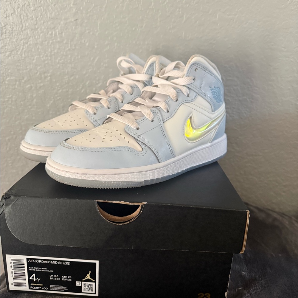 Nike Air Jordan 1 Mid SE Kids Shoes - White and Light Gray with Yellow Swoosh